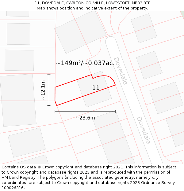 11, DOVEDALE, CARLTON COLVILLE, LOWESTOFT, NR33 8TE: Plot and title map