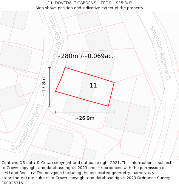 11, DOVEDALE GARDENS, LEEDS, LS15 8UP: Plot and title map