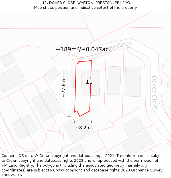 11, DOVER CLOSE, WARTON, PRESTON, PR4 1YG: Plot and title map
