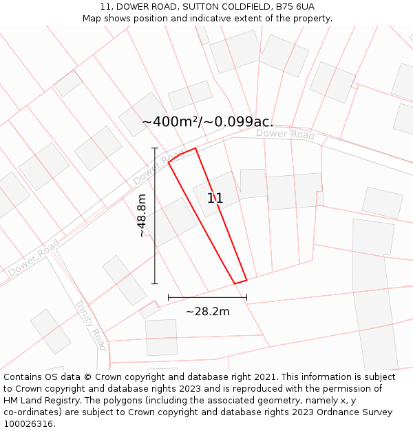 11, DOWER ROAD, SUTTON COLDFIELD, B75 6UA: Plot and title map