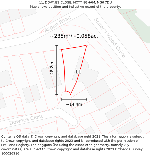 11, DOWNES CLOSE, NOTTINGHAM, NG6 7DU: Plot and title map