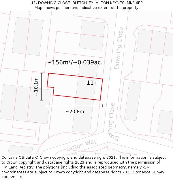 11, DOWNING CLOSE, BLETCHLEY, MILTON KEYNES, MK3 6EP: Plot and title map