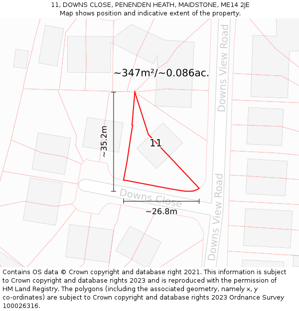 11, DOWNS CLOSE, PENENDEN HEATH, MAIDSTONE, ME14 2JE: Plot and title map