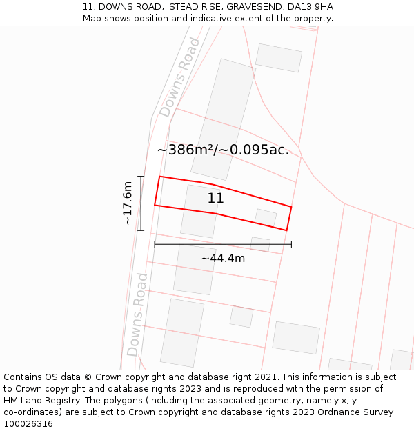 11, DOWNS ROAD, ISTEAD RISE, GRAVESEND, DA13 9HA: Plot and title map
