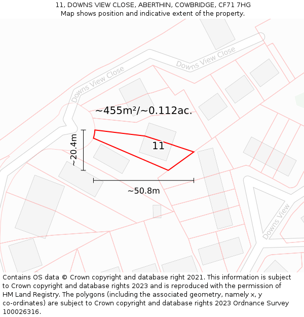 11, DOWNS VIEW CLOSE, ABERTHIN, COWBRIDGE, CF71 7HG: Plot and title map