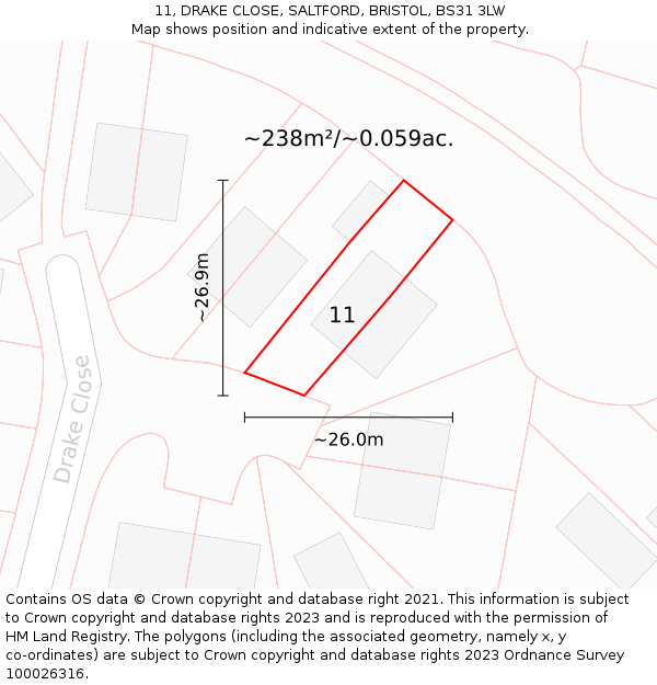 11, DRAKE CLOSE, SALTFORD, BRISTOL, BS31 3LW: Plot and title map