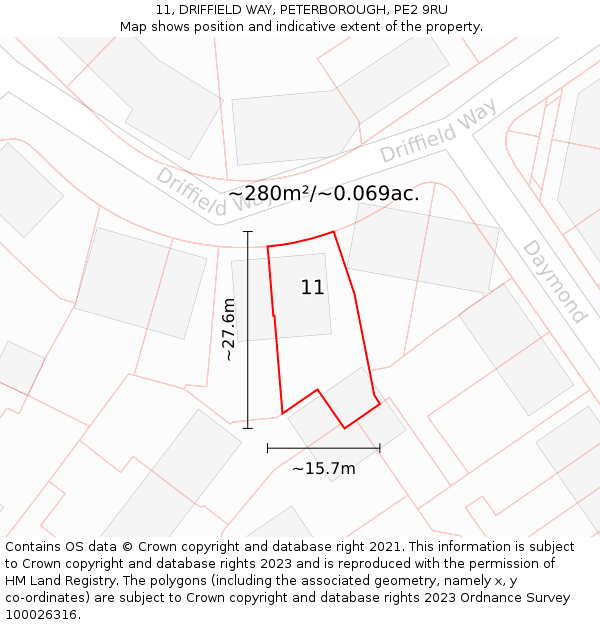 11, DRIFFIELD WAY, PETERBOROUGH, PE2 9RU: Plot and title map