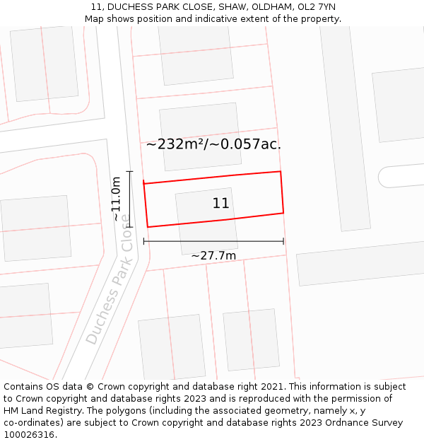 11, DUCHESS PARK CLOSE, SHAW, OLDHAM, OL2 7YN: Plot and title map
