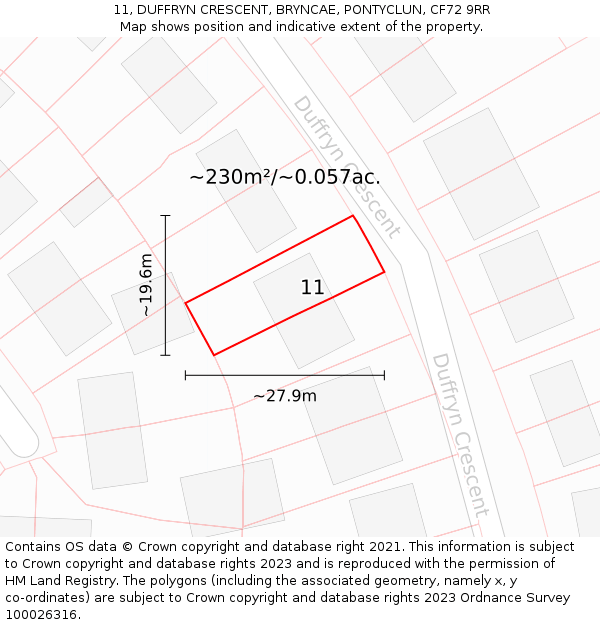 11, DUFFRYN CRESCENT, BRYNCAE, PONTYCLUN, CF72 9RR: Plot and title map
