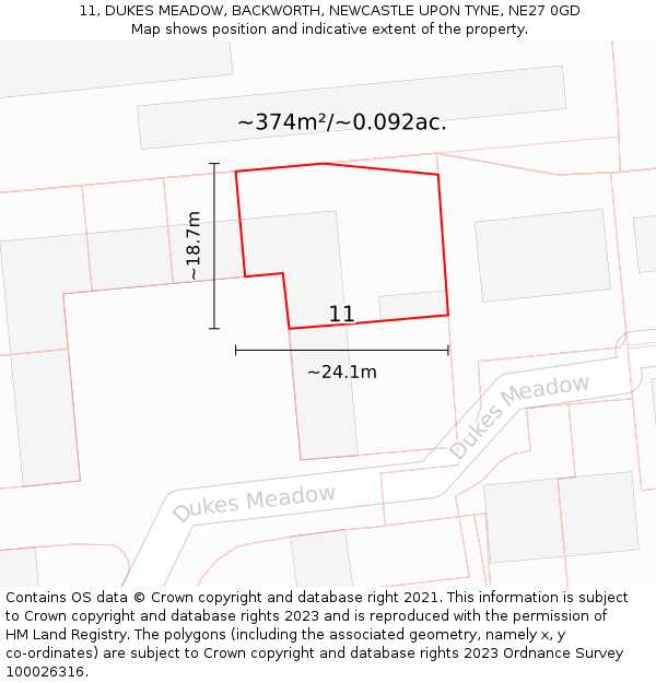 11, DUKES MEADOW, BACKWORTH, NEWCASTLE UPON TYNE, NE27 0GD: Plot and title map