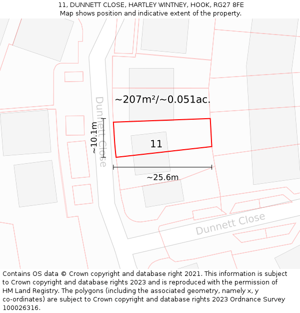 11, DUNNETT CLOSE, HARTLEY WINTNEY, HOOK, RG27 8FE: Plot and title map