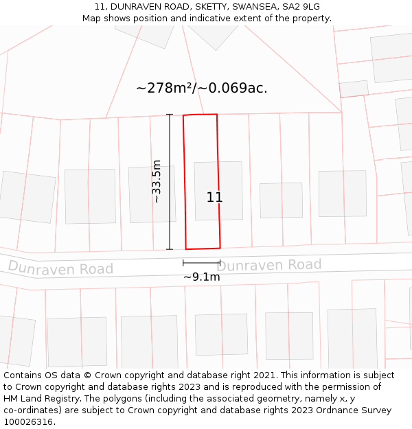 11, DUNRAVEN ROAD, SKETTY, SWANSEA, SA2 9LG: Plot and title map