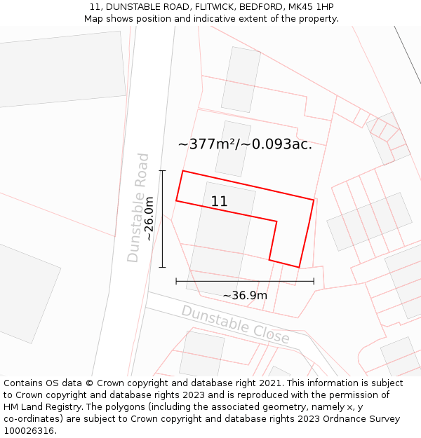 11, DUNSTABLE ROAD, FLITWICK, BEDFORD, MK45 1HP: Plot and title map