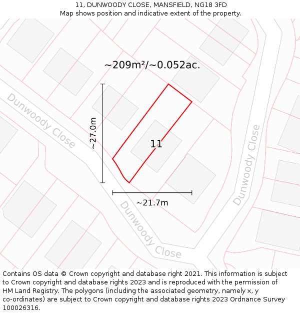 11, DUNWOODY CLOSE, MANSFIELD, NG18 3FD: Plot and title map