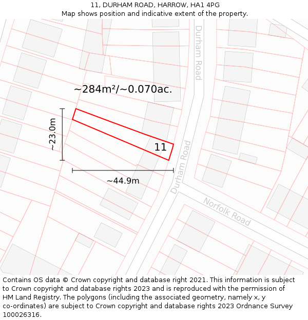 11, DURHAM ROAD, HARROW, HA1 4PG: Plot and title map