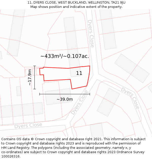 11, DYERS CLOSE, WEST BUCKLAND, WELLINGTON, TA21 9JU: Plot and title map