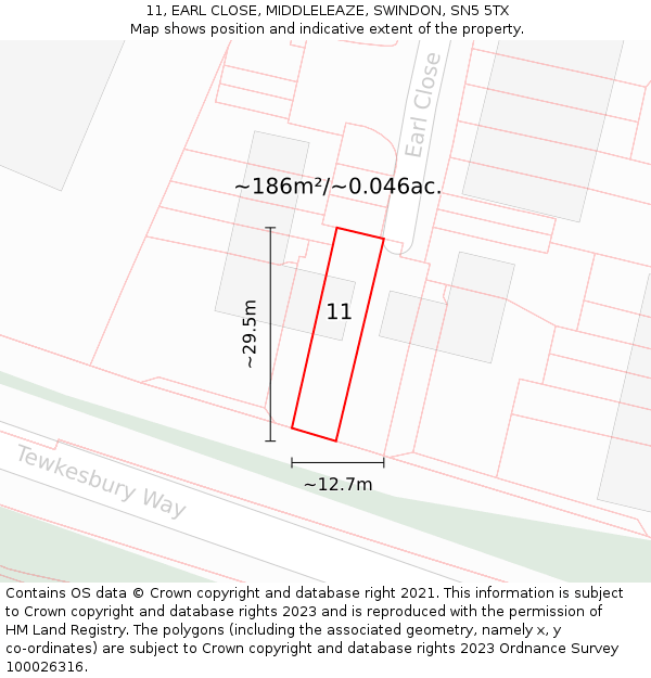 11, EARL CLOSE, MIDDLELEAZE, SWINDON, SN5 5TX: Plot and title map