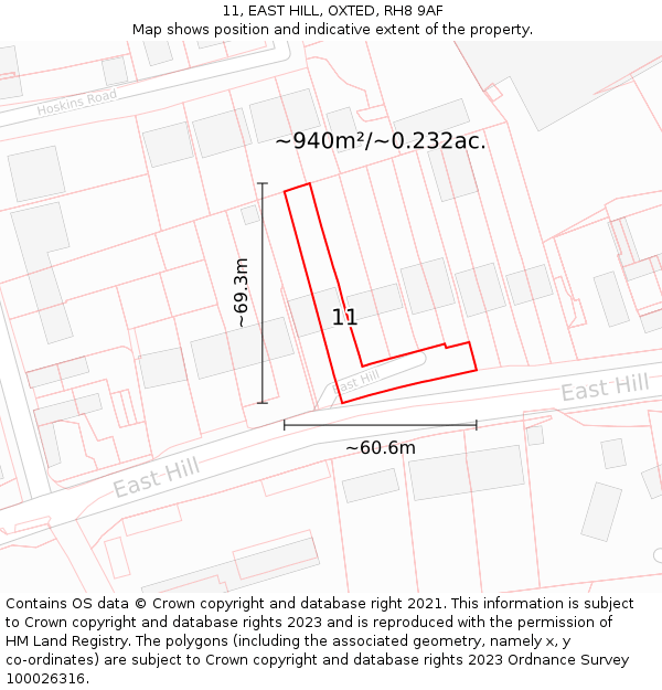 11, EAST HILL, OXTED, RH8 9AF: Plot and title map