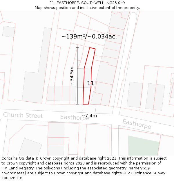 11, EASTHORPE, SOUTHWELL, NG25 0HY: Plot and title map