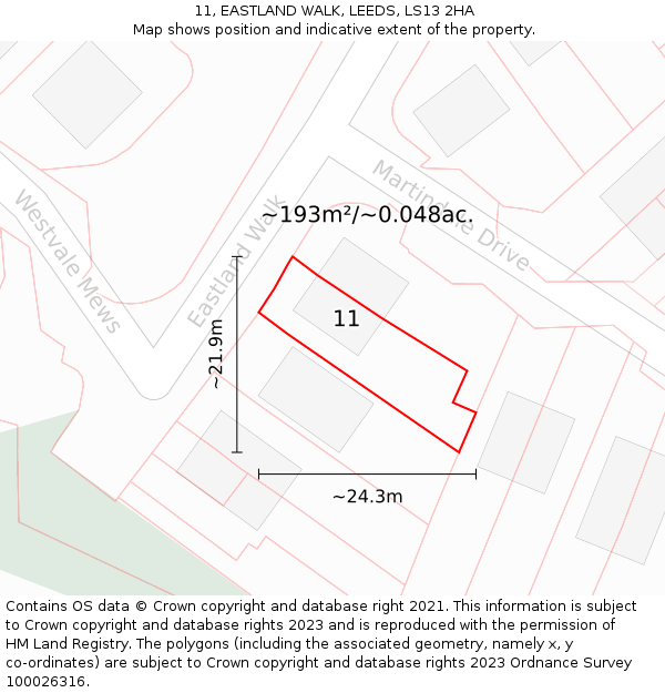 11, EASTLAND WALK, LEEDS, LS13 2HA: Plot and title map