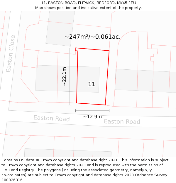 11, EASTON ROAD, FLITWICK, BEDFORD, MK45 1EU: Plot and title map