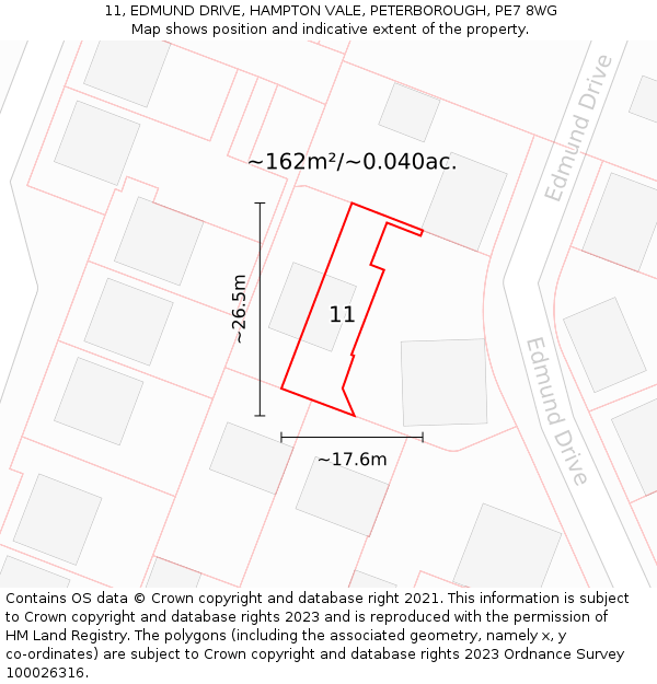 11, EDMUND DRIVE, HAMPTON VALE, PETERBOROUGH, PE7 8WG: Plot and title map