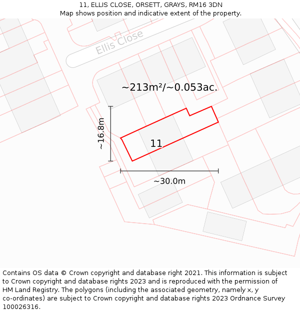 11, ELLIS CLOSE, ORSETT, GRAYS, RM16 3DN: Plot and title map
