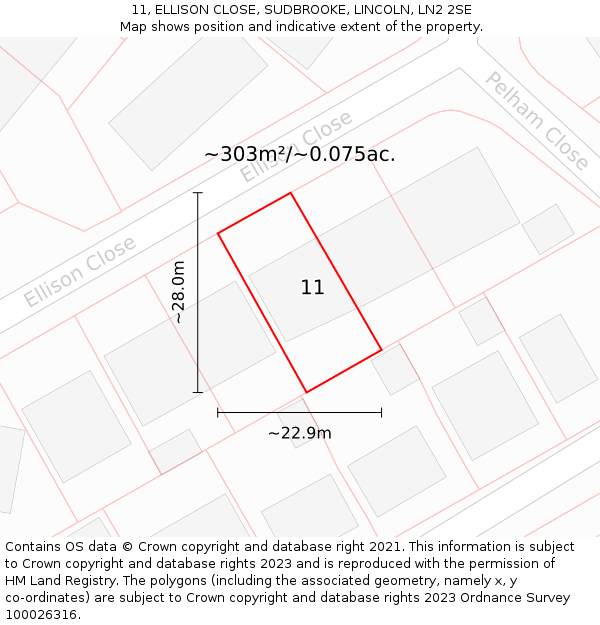 11, ELLISON CLOSE, SUDBROOKE, LINCOLN, LN2 2SE: Plot and title map