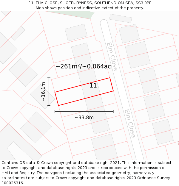 11, ELM CLOSE, SHOEBURYNESS, SOUTHEND-ON-SEA, SS3 9PF: Plot and title map