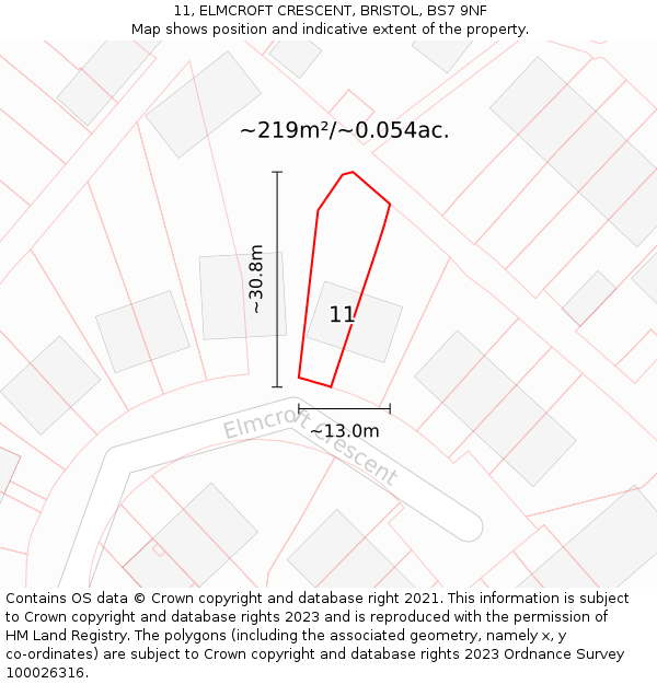 11, ELMCROFT CRESCENT, BRISTOL, BS7 9NF: Plot and title map