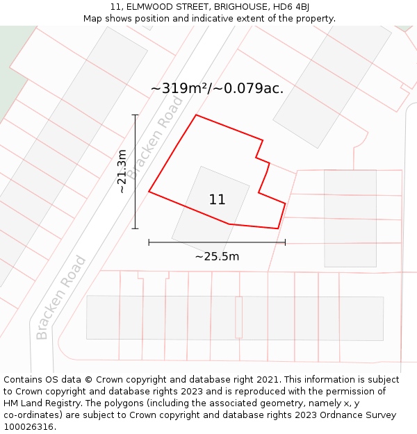 11, ELMWOOD STREET, BRIGHOUSE, HD6 4BJ: Plot and title map
