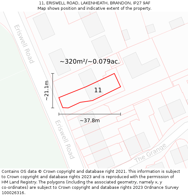 11, ERISWELL ROAD, LAKENHEATH, BRANDON, IP27 9AF: Plot and title map