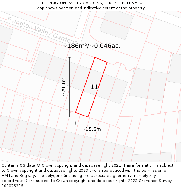 11, EVINGTON VALLEY GARDENS, LEICESTER, LE5 5LW: Plot and title map