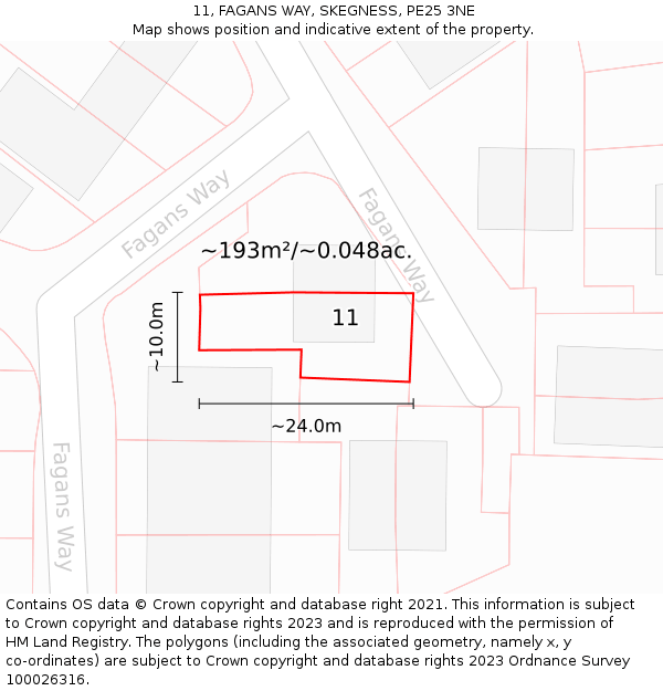 11, FAGANS WAY, SKEGNESS, PE25 3NE: Plot and title map
