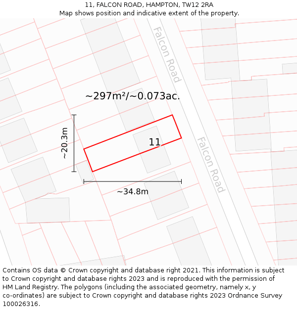 11, FALCON ROAD, HAMPTON, TW12 2RA: Plot and title map