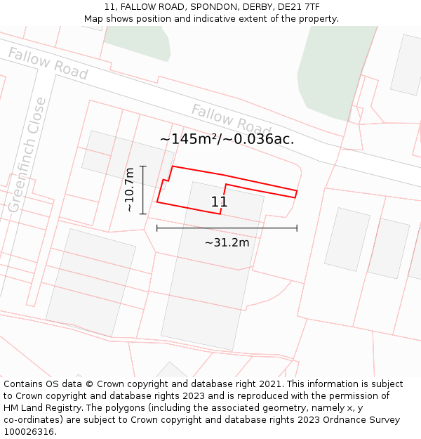 11, FALLOW ROAD, SPONDON, DERBY, DE21 7TF: Plot and title map