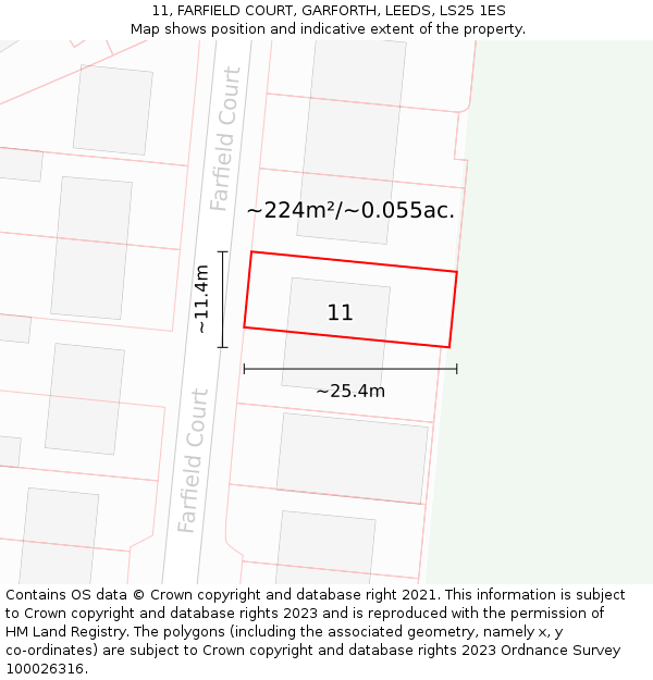 11, FARFIELD COURT, GARFORTH, LEEDS, LS25 1ES: Plot and title map