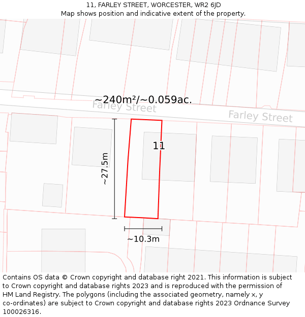 11, FARLEY STREET, WORCESTER, WR2 6JD: Plot and title map