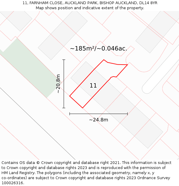 11, FARNHAM CLOSE, AUCKLAND PARK, BISHOP AUCKLAND, DL14 8YR: Plot and title map