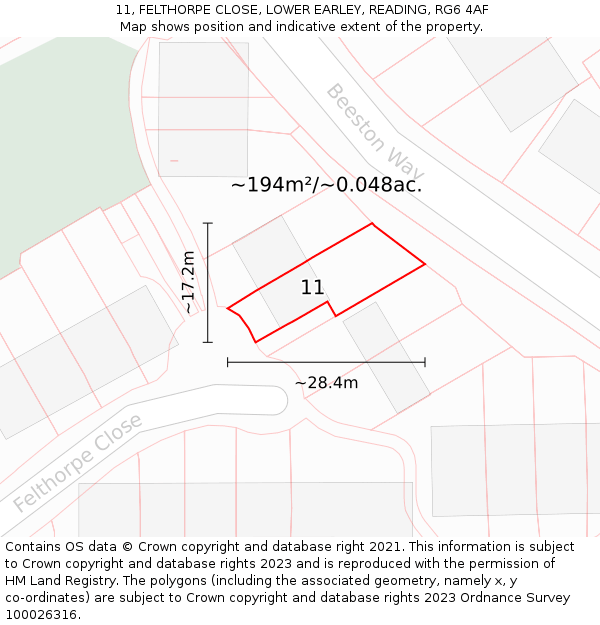 11, FELTHORPE CLOSE, LOWER EARLEY, READING, RG6 4AF: Plot and title map