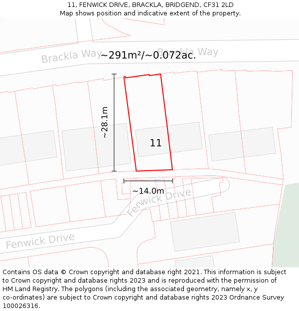 11, FENWICK DRIVE, BRACKLA, BRIDGEND, CF31 2LD: Plot and title map