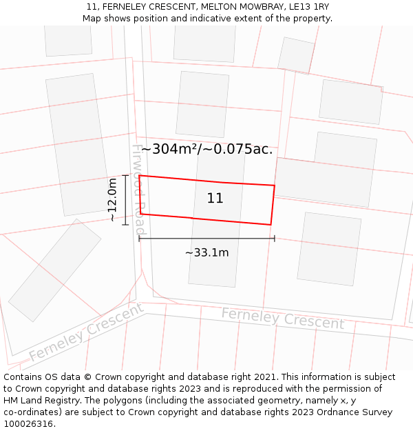 11, FERNELEY CRESCENT, MELTON MOWBRAY, LE13 1RY: Plot and title map