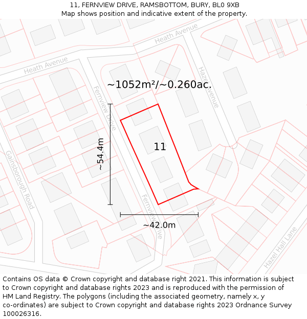 11, FERNVIEW DRIVE, RAMSBOTTOM, BURY, BL0 9XB: Plot and title map