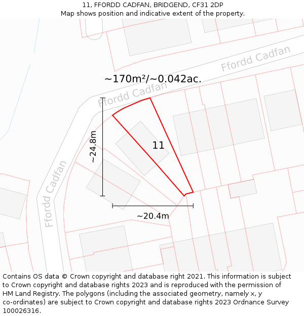 11, FFORDD CADFAN, BRIDGEND, CF31 2DP: Plot and title map