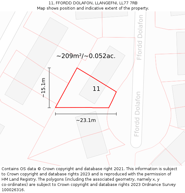 11, FFORDD DOLAFON, LLANGEFNI, LL77 7RB: Plot and title map