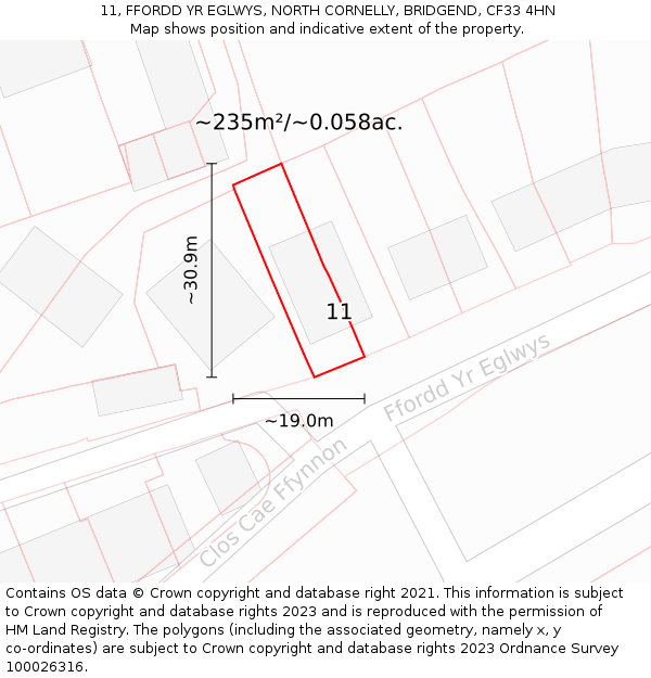 11, FFORDD YR EGLWYS, NORTH CORNELLY, BRIDGEND, CF33 4HN: Plot and title map