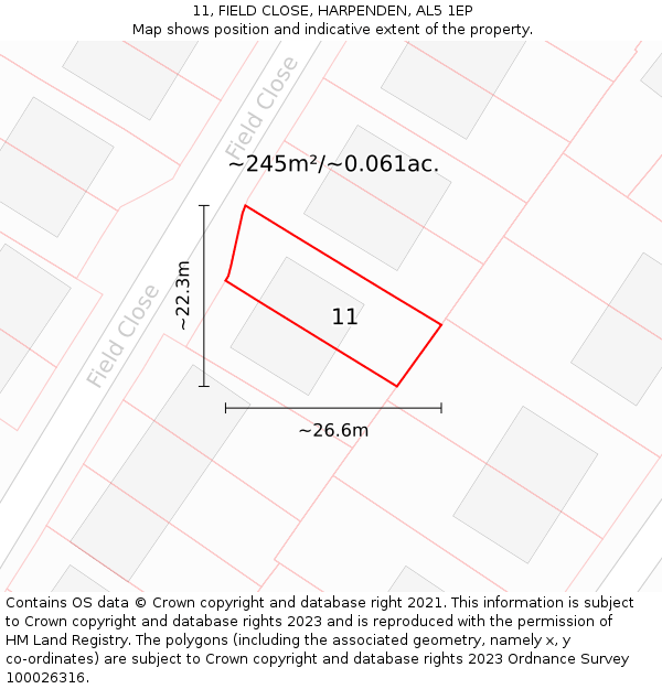 11, FIELD CLOSE, HARPENDEN, AL5 1EP: Plot and title map