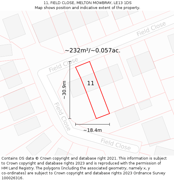 11, FIELD CLOSE, MELTON MOWBRAY, LE13 1DS: Plot and title map