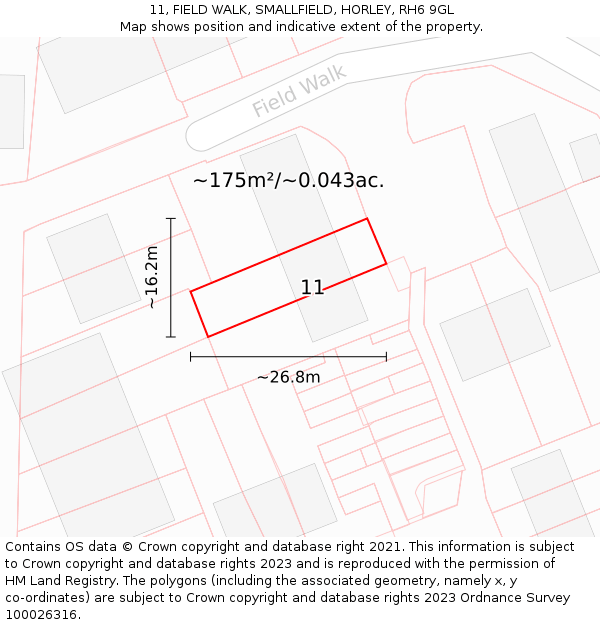 11, FIELD WALK, SMALLFIELD, HORLEY, RH6 9GL: Plot and title map