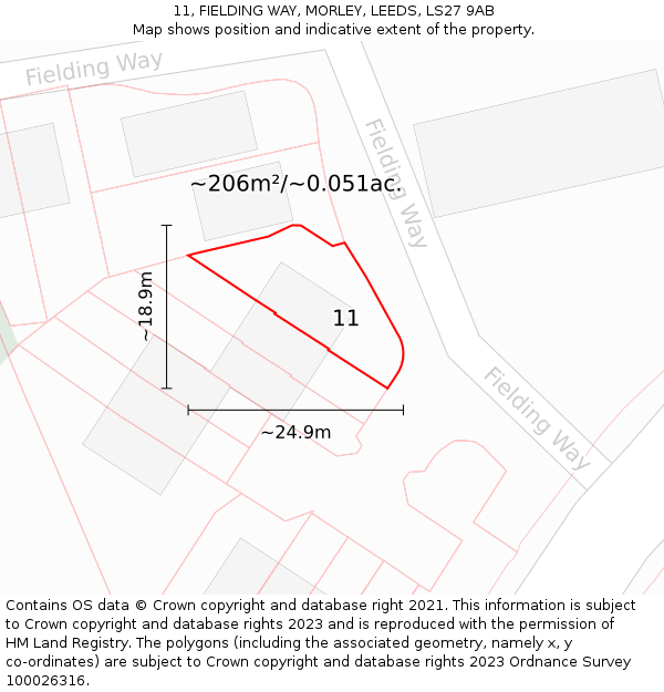 11, FIELDING WAY, MORLEY, LEEDS, LS27 9AB: Plot and title map